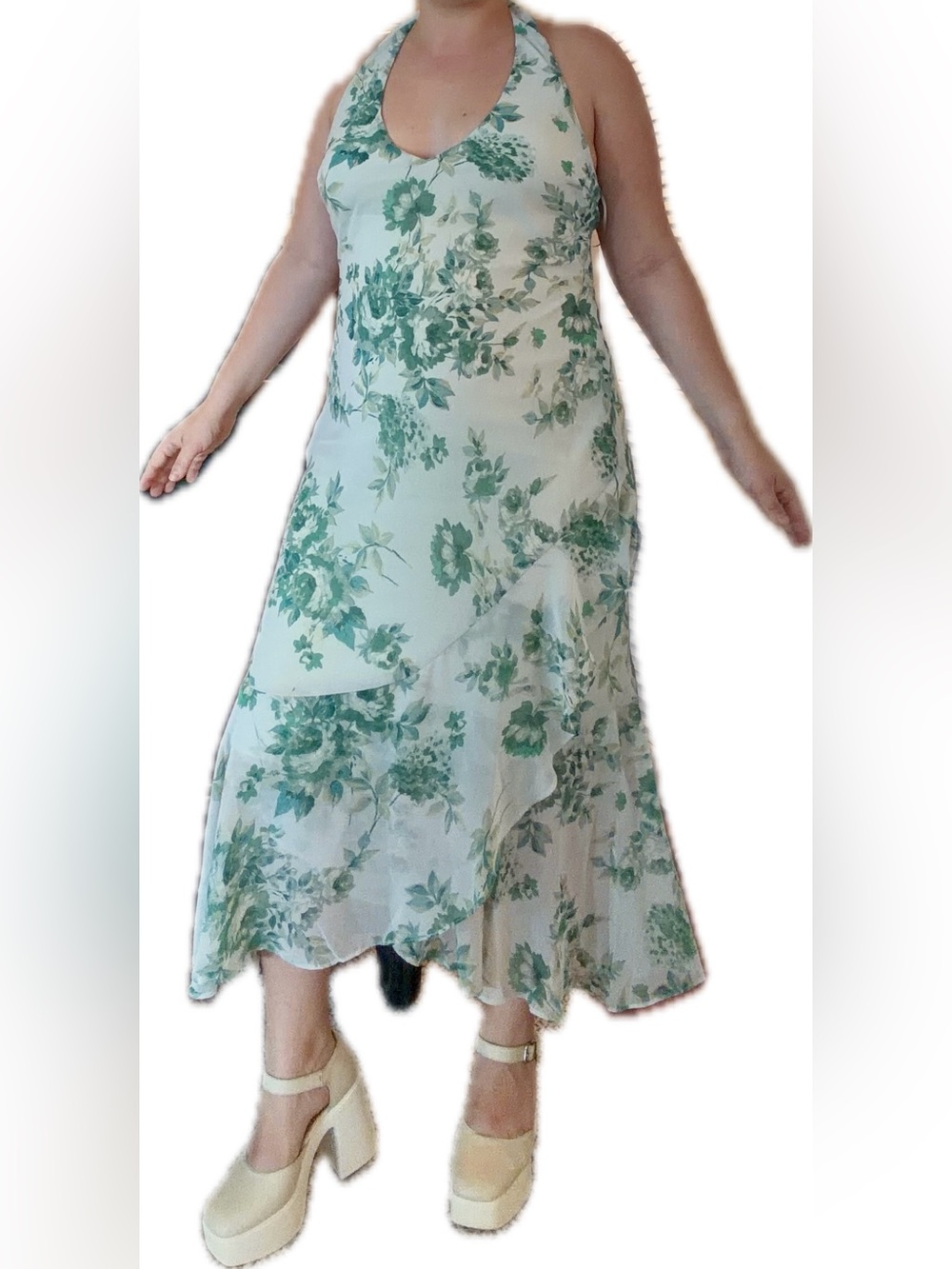 Halter Floral A-Line Midi Dress in Green